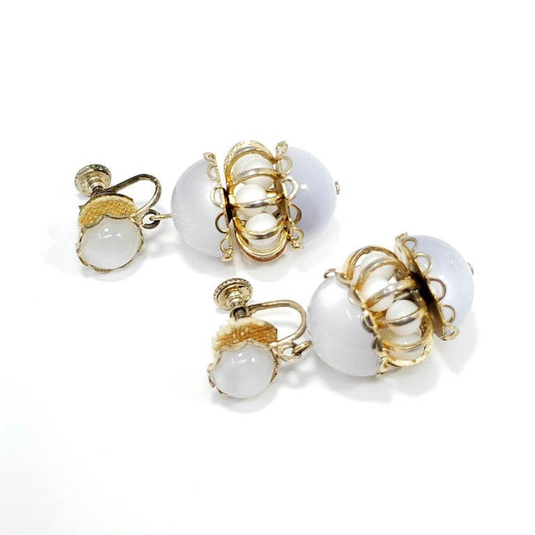 White Moonglow Lucite and Milk Glass Bead Necklace and Dangling Earrings Set
