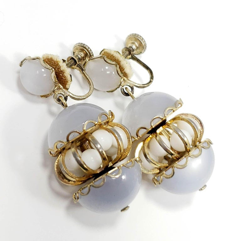 White Moonglow Lucite and Milk Glass Bead Necklace and Dangling Earrings Set