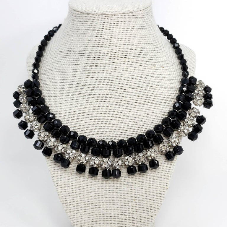Jet Black and Clear pave Glass Ball and Bead Collar Necklace, Vintage Mid 1900s