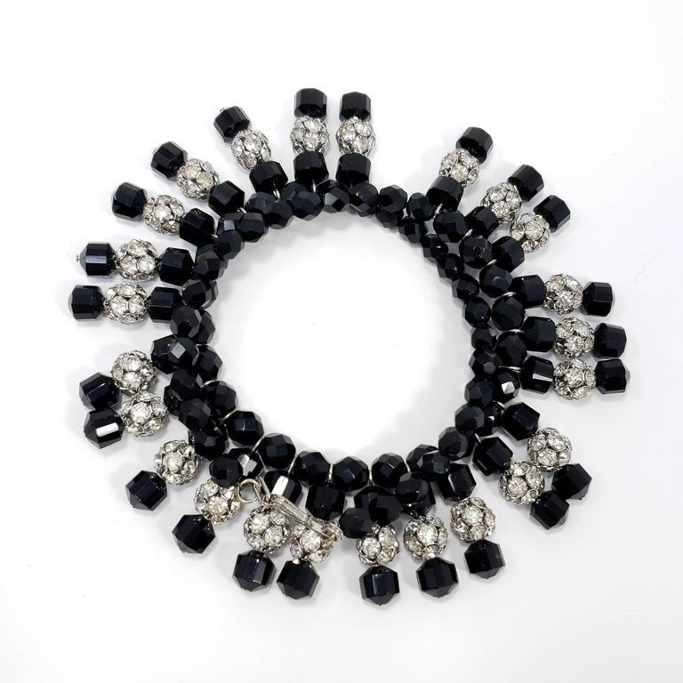 Jet Black and Clear pave Glass Ball and Bead Collar Necklace, Vintage Mid 1900s