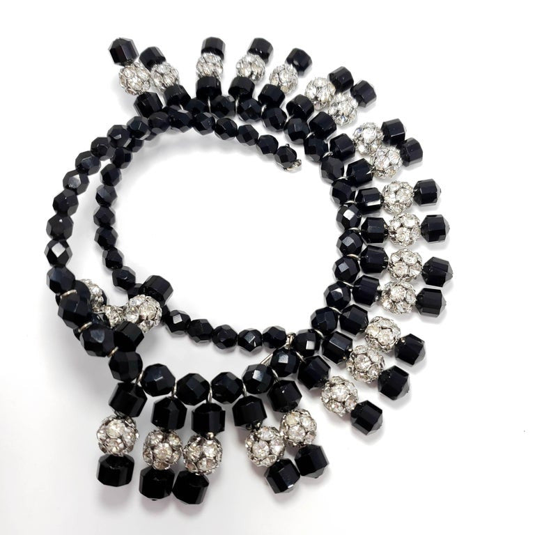 Jet Black and Clear pave Glass Ball and Bead Collar Necklace, Vintage Mid 1900s