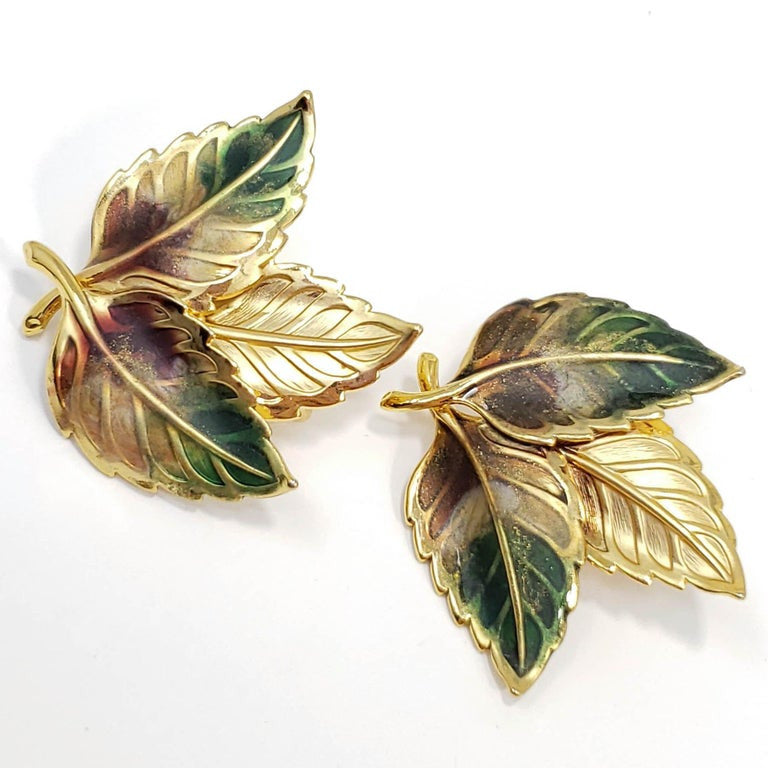 Painted Three Leaf Clip on Earrings in Gold, Green, and Brown. Vintage, Mid 1900