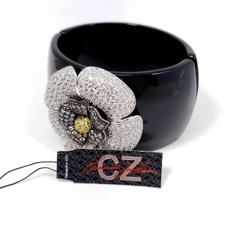 CZ KJL Cubic Zirconia by Kenneth Jay Lane Pave Crystal Flower Bangle Bracelet