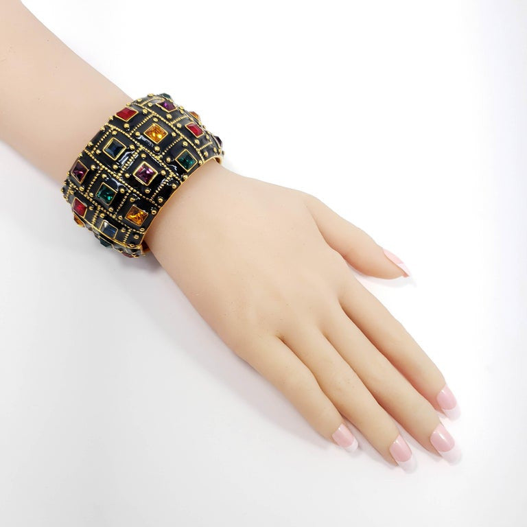 KJL Kenneth Jay Lane Jeweled Deco Bangle Bracelet, Black Enamel, Crystals, Gold