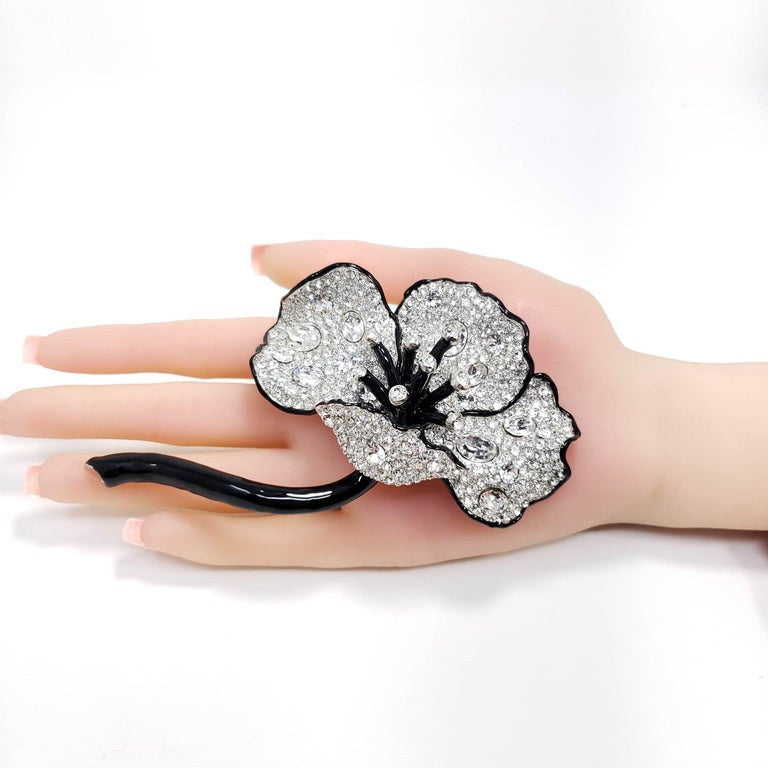 KJL Kenneth Jay Lane Long Stem Big Pave Crystal Flower Pin Brooch, Black Enamel