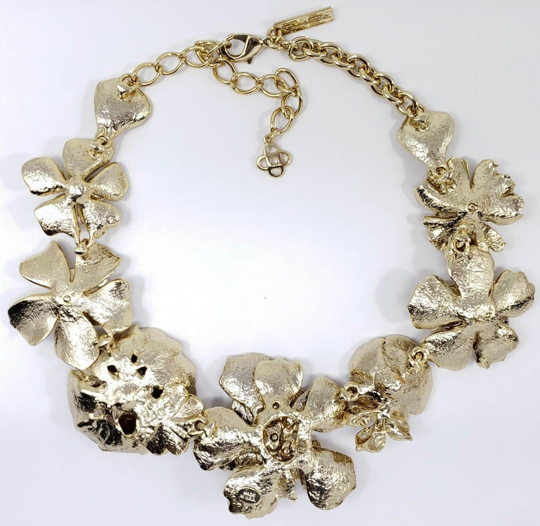 Oscar de la Renta Gold Bold Flower Rose Link Necklace in Antique Gold Finish