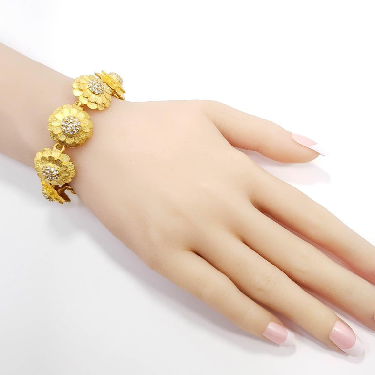 KJL Kenneth Jay Lane Satin Gold Flower Link Crystal Bracelet, Toggle Glasp