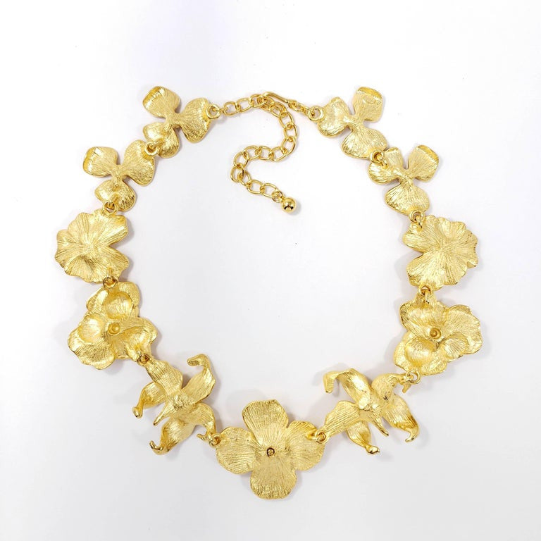 KJL Kenneth Jay Lane Satin Gold Flower Necklace, Crystal and White Pearl Centers