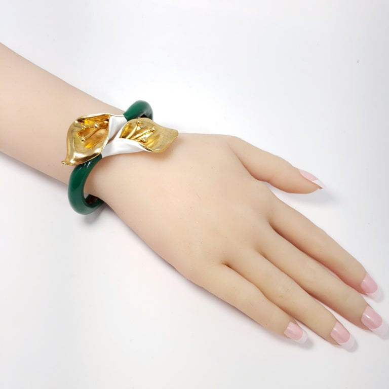 Oscar de la Renta Painted Calla Lily Clamper Bracelet, Green, White Enamel, Gold