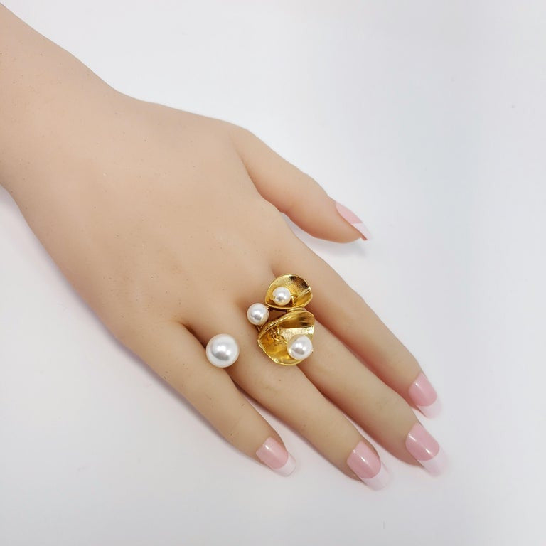 Oscar de la Renta Gold Dangling Pearl Cocktail Ring, Open Band Style, Contemporary