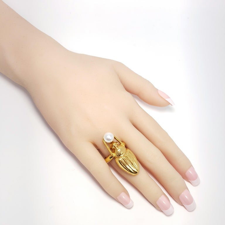 Oscar de la Renta Gold Scarab Faux Pearl Cocktail Ring, Contemporary Statement Style