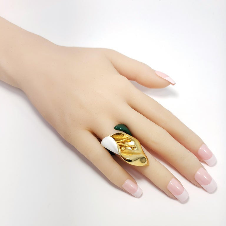 Oscar de la Renta Painted Calla Lily Cocktail Ring, Green and White Enamel, Gold