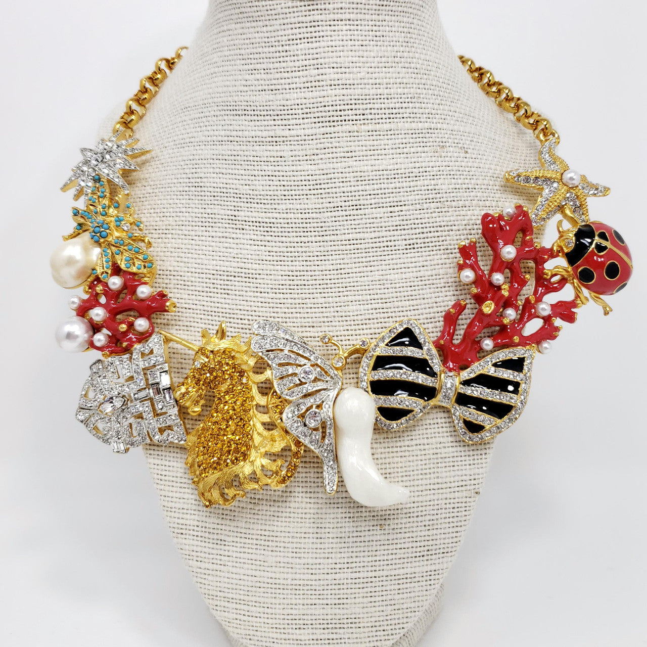 Kenneth Jay Lane Gold Kaleidoscope Collar Necklace, Enamel and Crystal Motifs