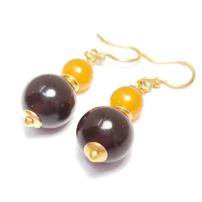 Russian Orange Baltic Amber Bead Dangling Earrings in Gold, Early to Mid 1900s