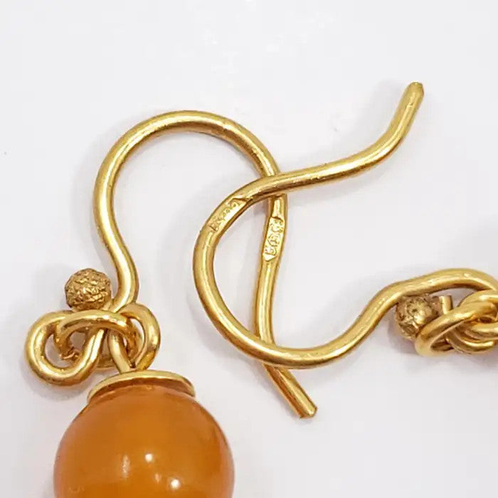 Russian Orange Baltic Amber Bead Dangling Earrings in Gold, Early to Mid 1900s