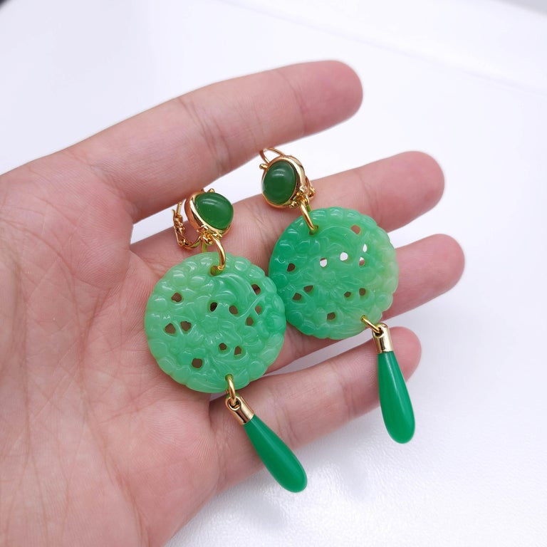 Kenneth Jay Lane Jade Drop Wire Earrings in Gold, Green, Couture Collection