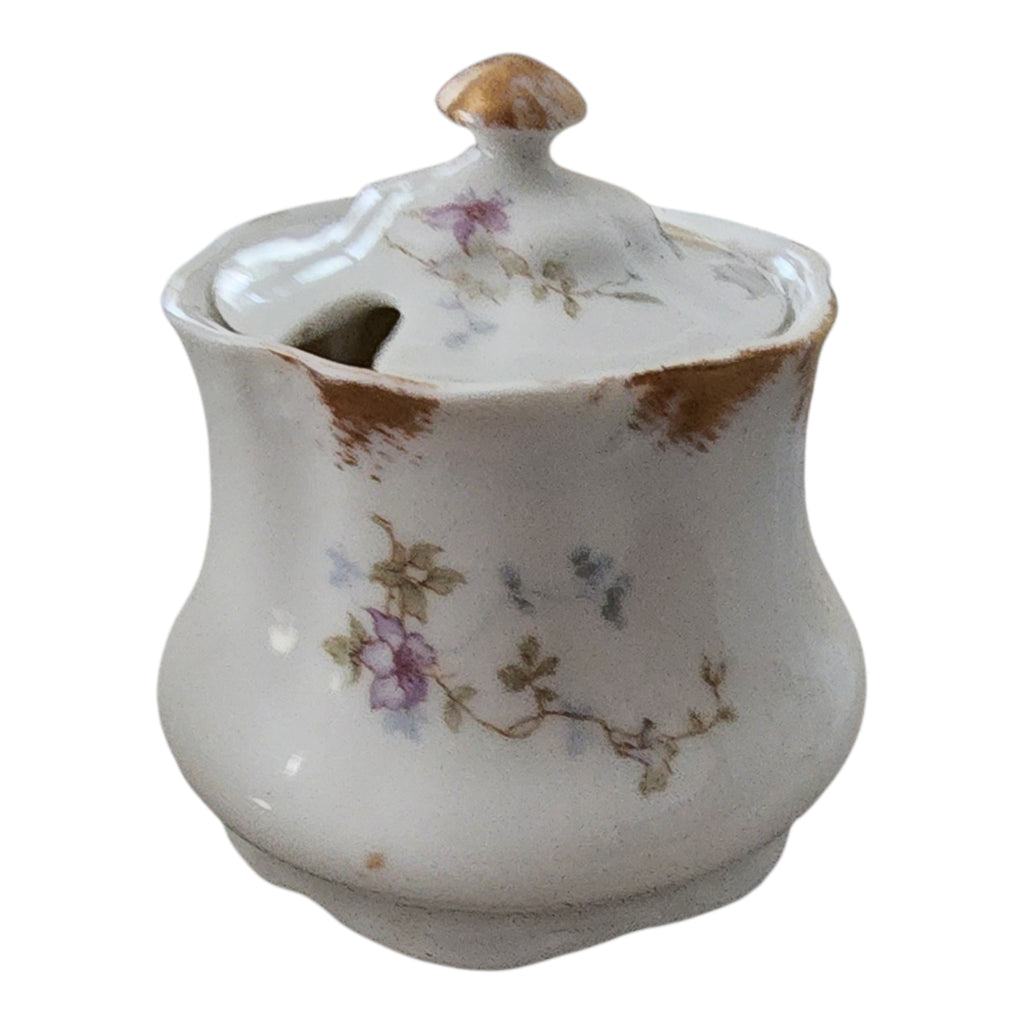 Antique Syracuse China Purple Floral Sprigs & Embossed Sugar Pot with Lid