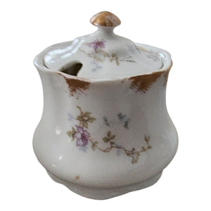 Antique Syracuse China Purple Floral Sprigs & Embossed Sugar Pot with Lid