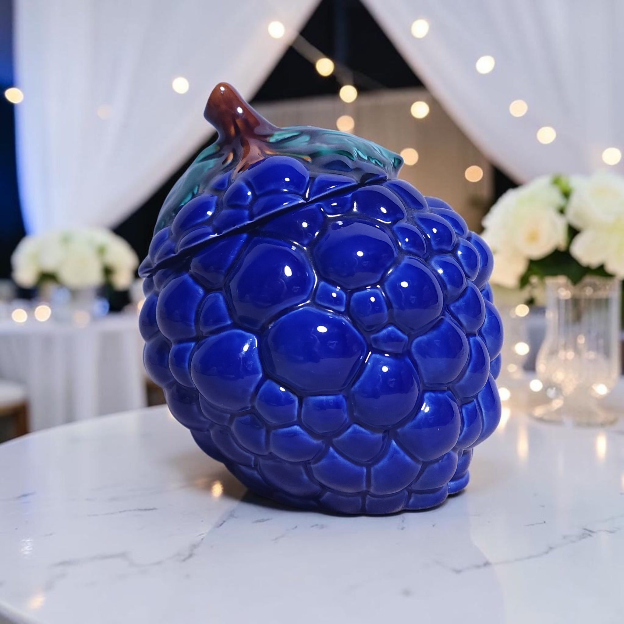 Vintage Majolica Style Cobalt Blue Grape Lidded Ceramic Jar