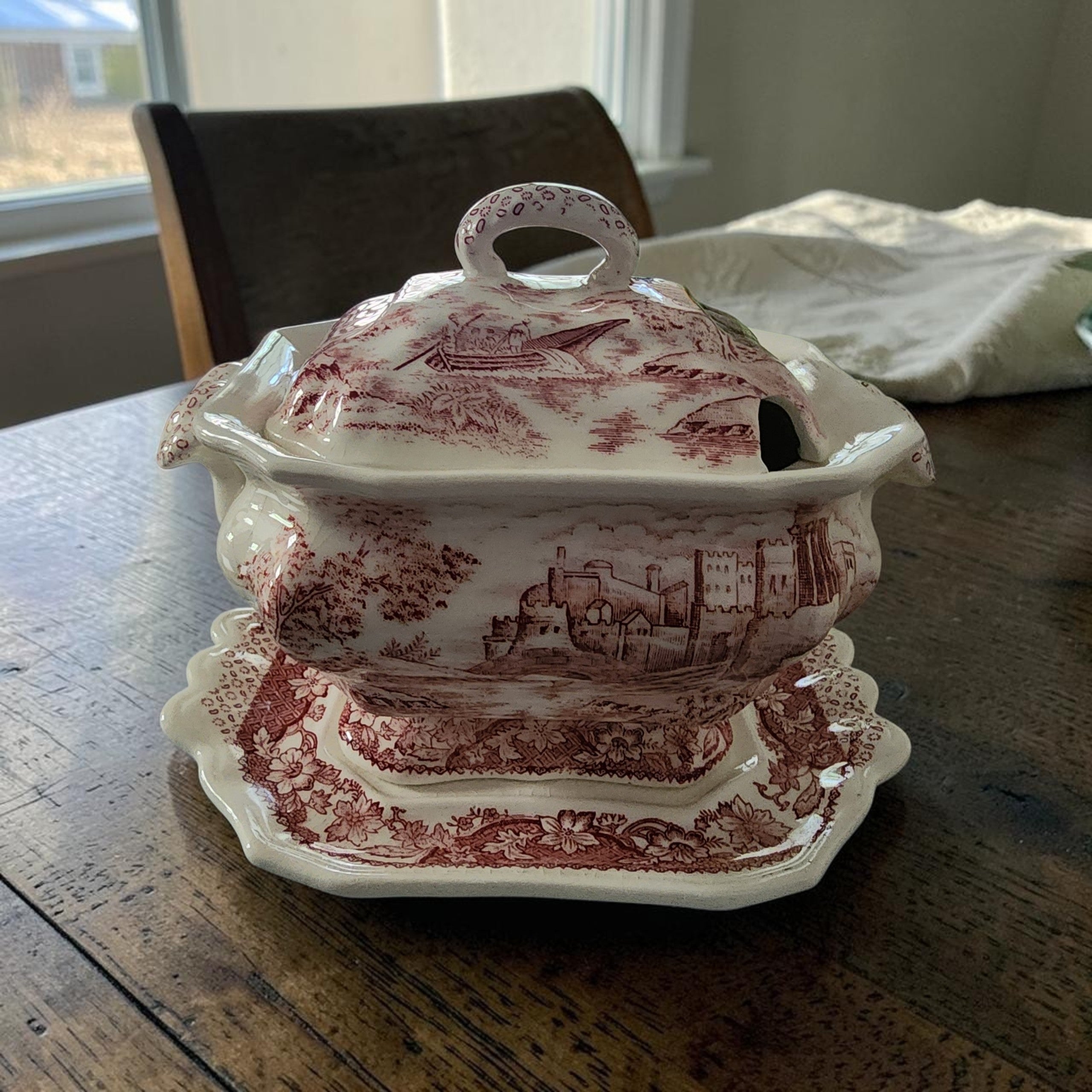 Vintage Pink Transferware Mini Soup Tureen with Underplate and Lid Japan