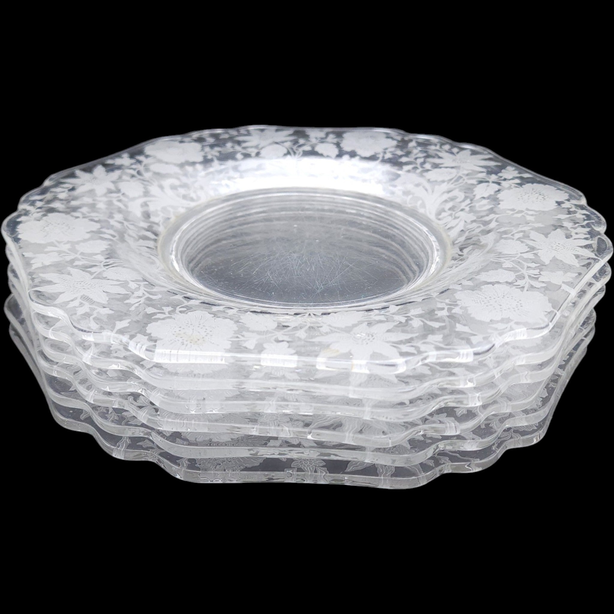 8" Cambridge Glass Wildflower Etched Clear Glass Salad Plates Set of 6
