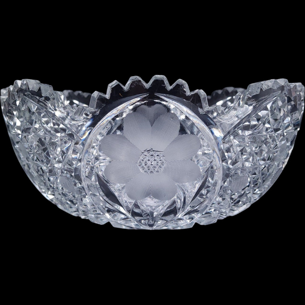 ABP Style Cut Glass Bowl Wheel Engraved Floral Cosmos Sawtooth Edge