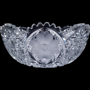 ABP Style Cut Glass Bowl Wheel Engraved Floral Cosmos Sawtooth Edge
