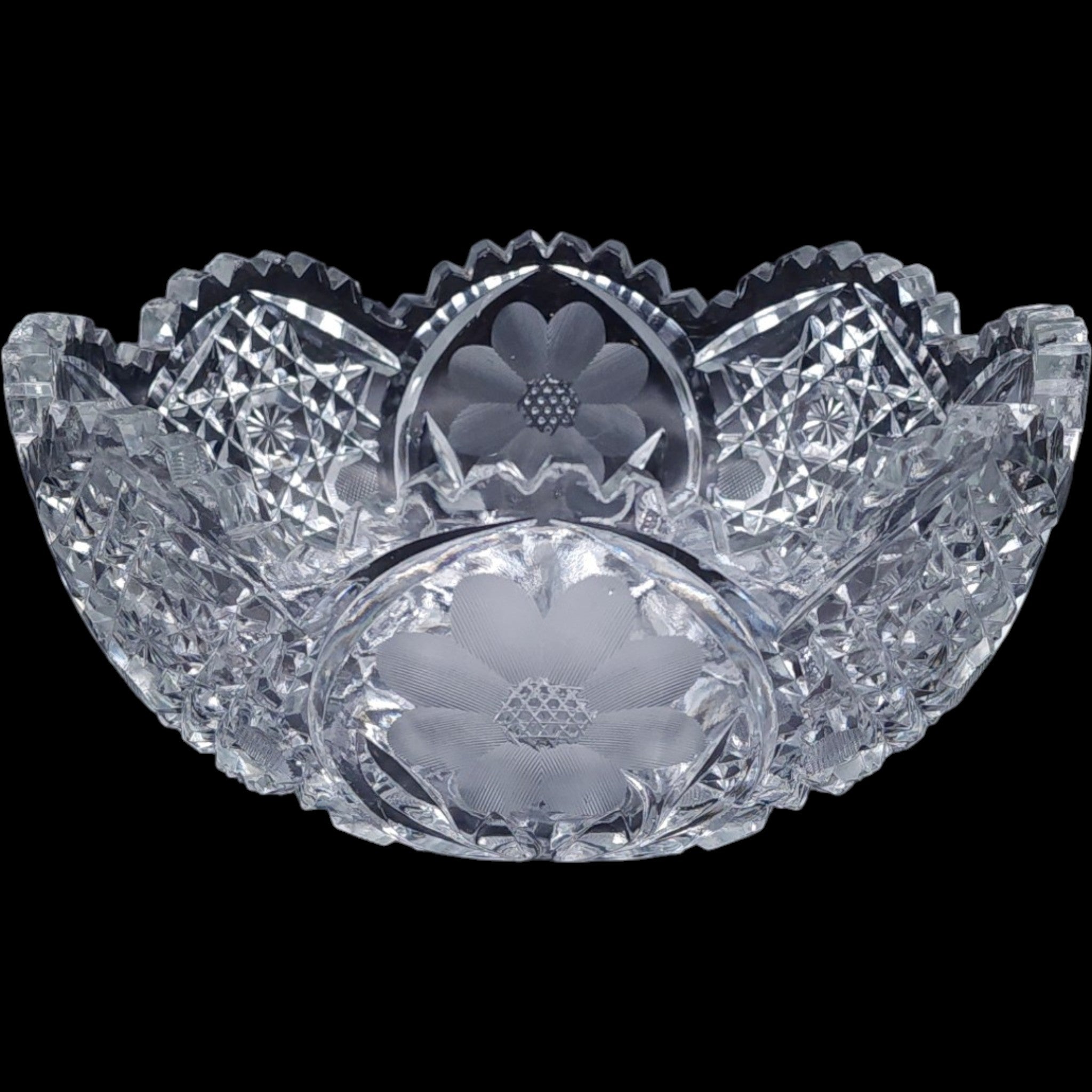 ABP Style Cut Glass Bowl Wheel Engraved Floral Cosmos Sawtooth Edge