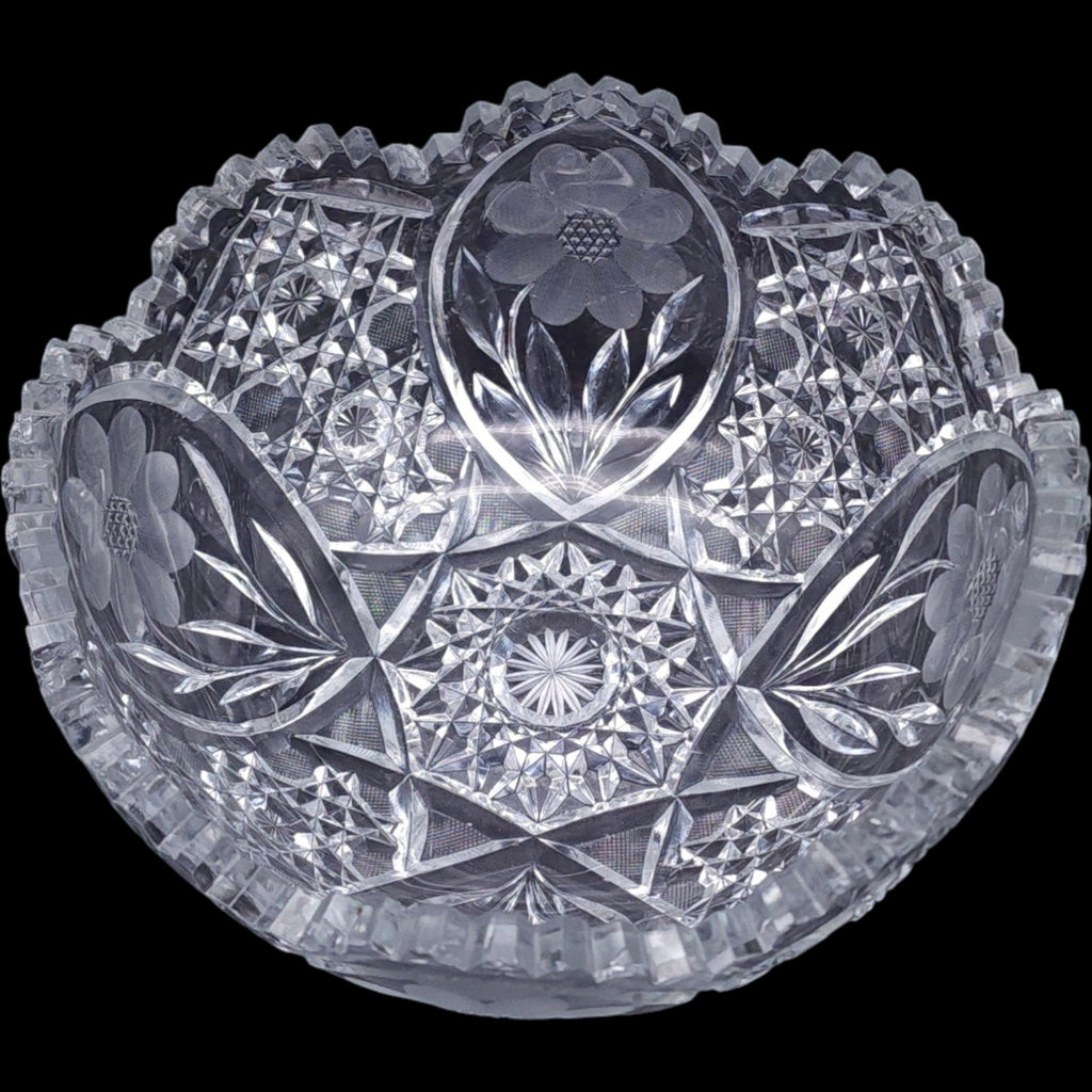 ABP Style Cut Glass Bowl Wheel Engraved Floral Cosmos Sawtooth Edge