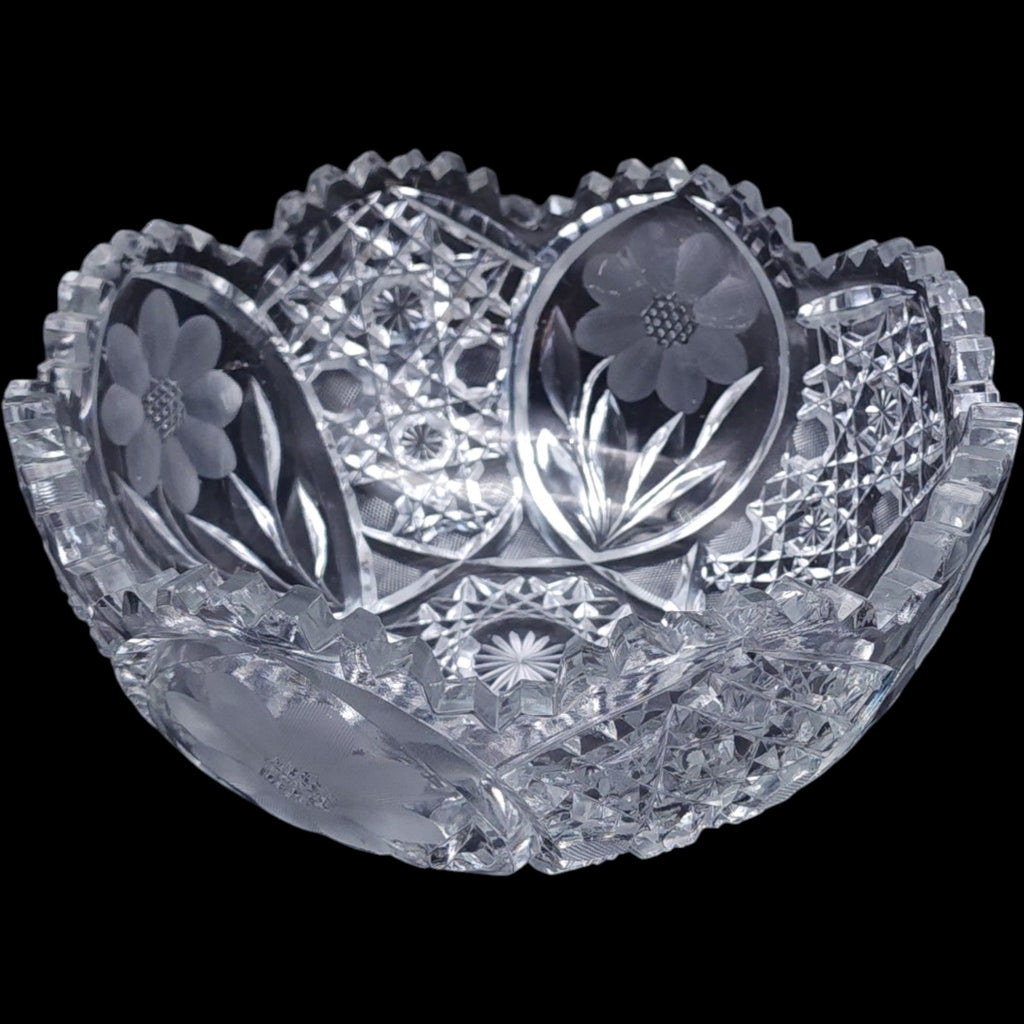ABP Style Cut Glass Bowl Wheel Engraved Floral Cosmos Sawtooth Edge