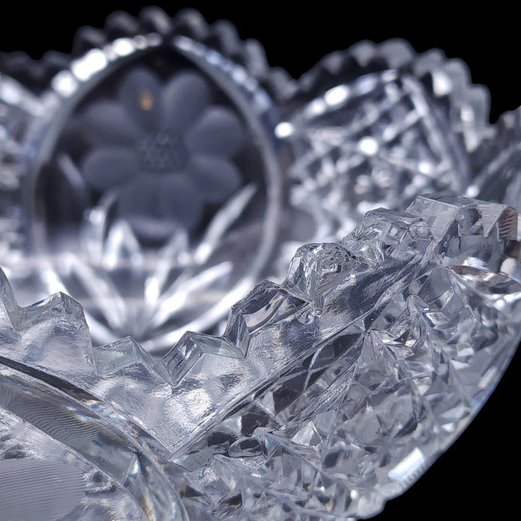 ABP Style Cut Glass Bowl Wheel Engraved Floral Cosmos Sawtooth Edge
