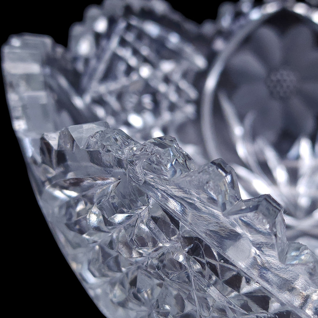 ABP Style Cut Glass Bowl Wheel Engraved Floral Cosmos Sawtooth Edge