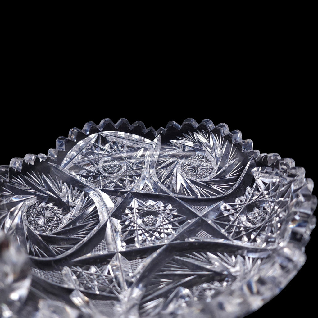 Antique American Brilliant Period Cut Glass Handled Nappi Dish Sawtooth Rim