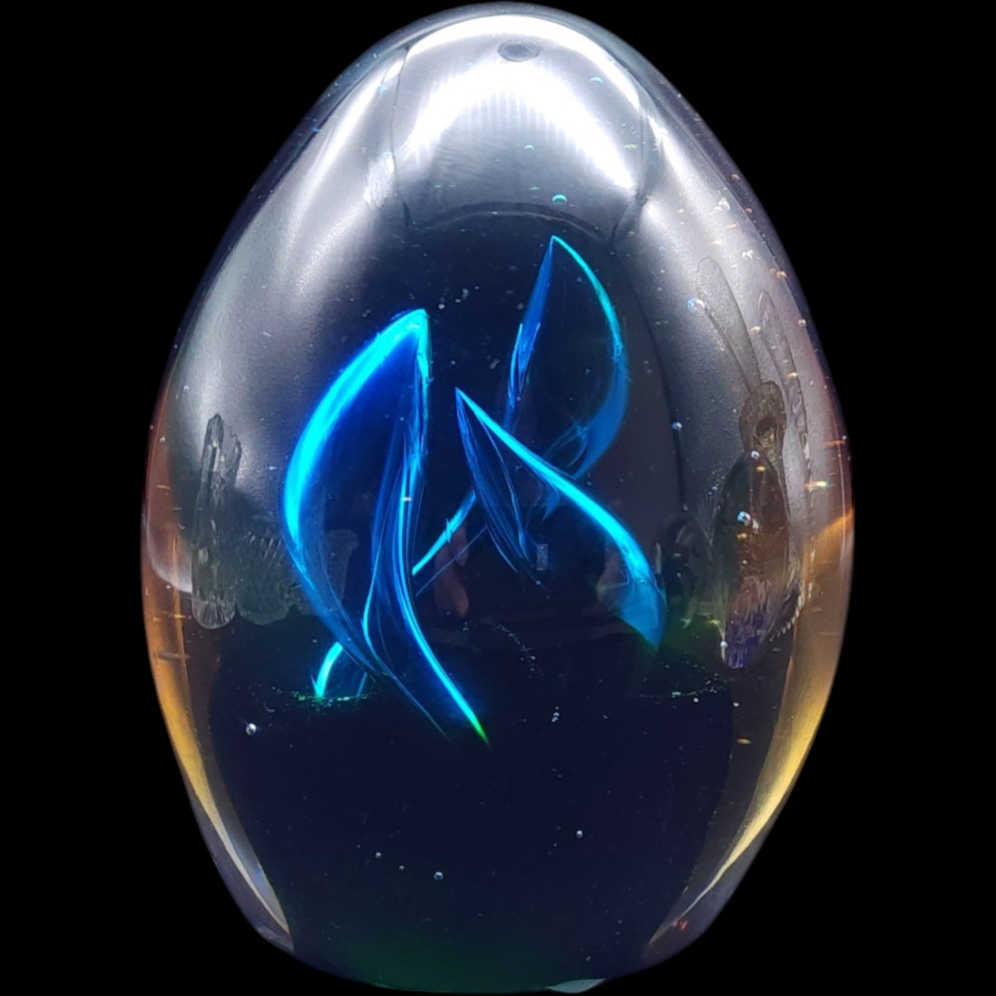 Vintage Egg Shaped Art Glass Paperweight Blue Green Iridescent Swirl
