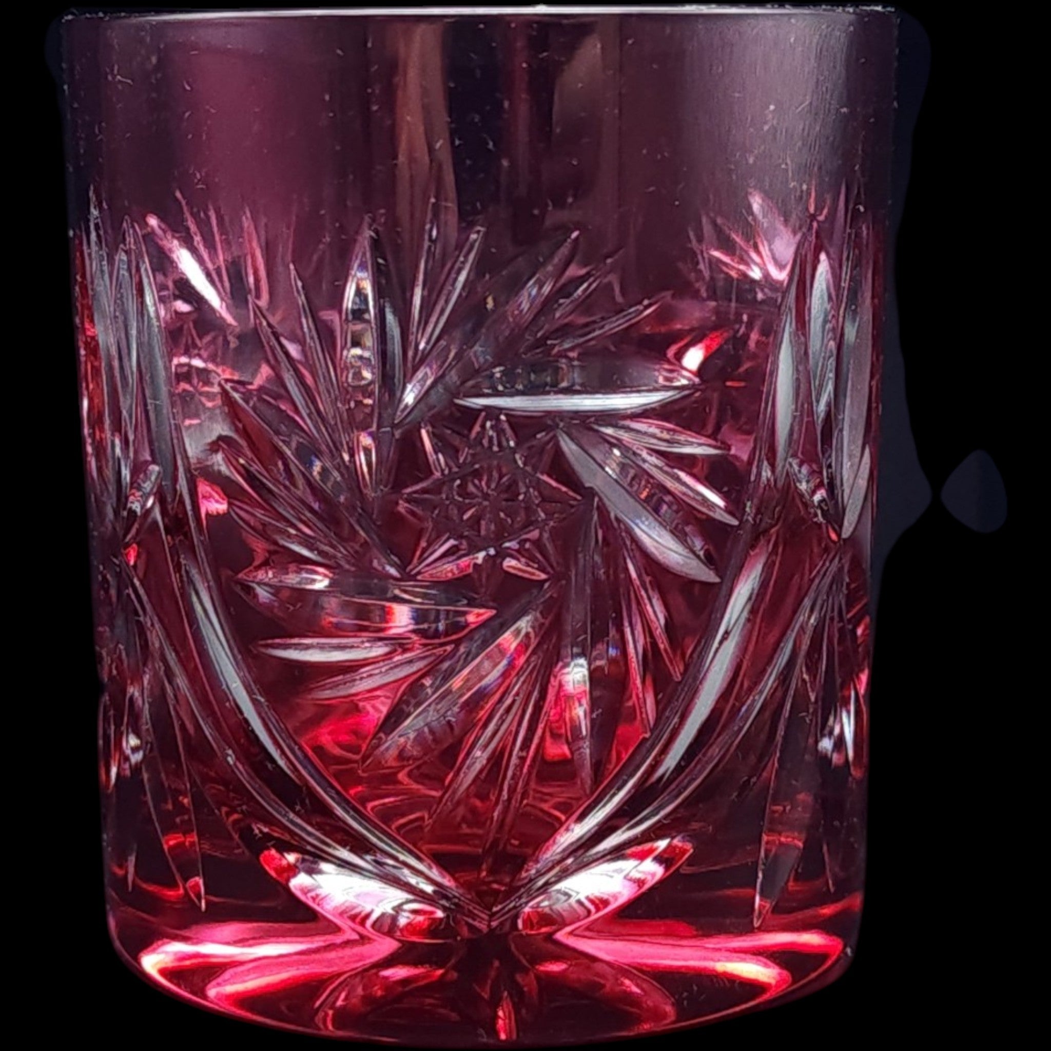 Vintage Cranberry Cut to Clear Glass Tumbler Pinwheel Starburst Lowball Glass