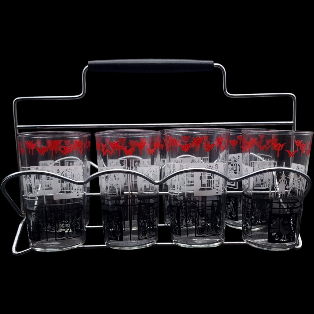 Vintage Mid-Century Pennsylvania Dutch Folk Art Tumbler Set of 8 with Wire Caddy