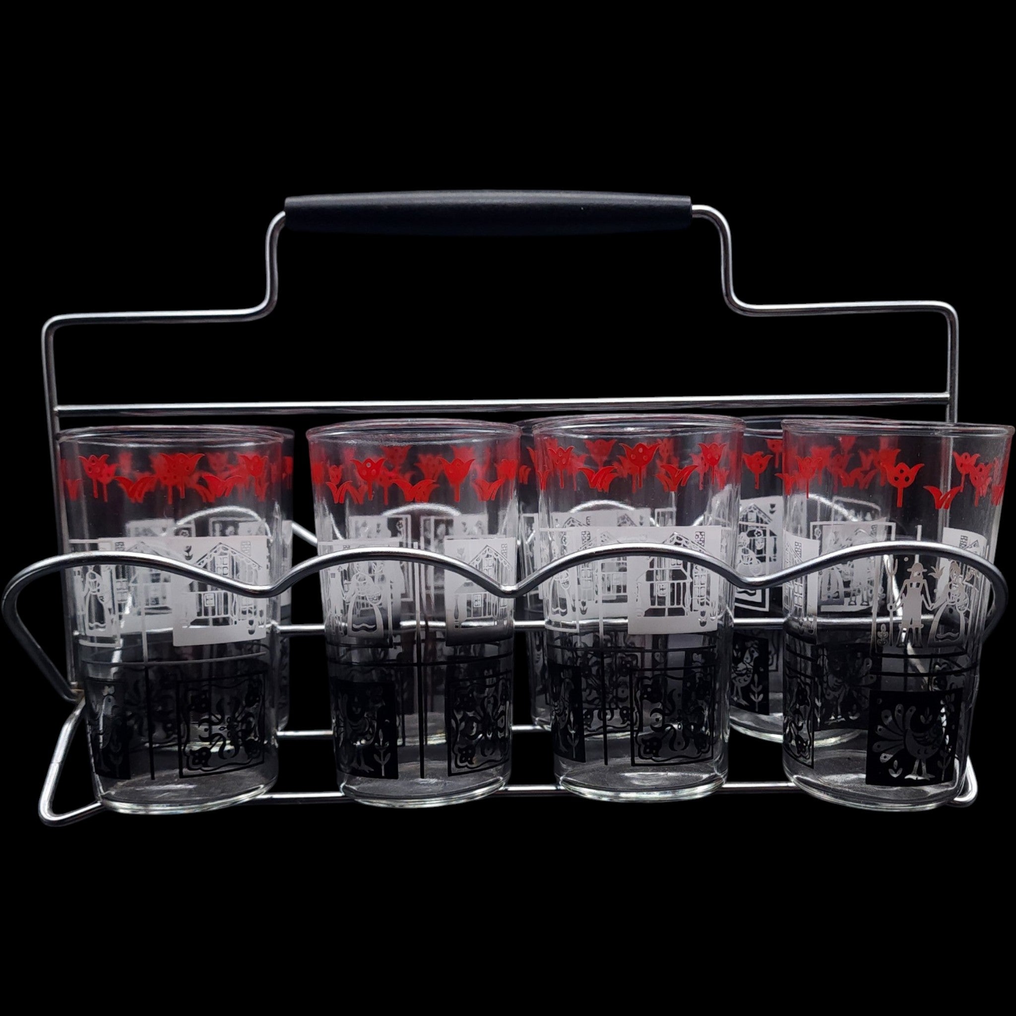 Vintage Mid-Century Pennsylvania Dutch Folk Art Tumbler Set of 8 with Wire Caddy