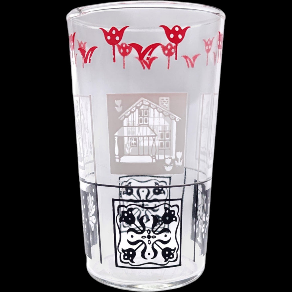 Vintage Mid-Century Pennsylvania Dutch Folk Art Tumbler Set of 8 with Wire Caddy