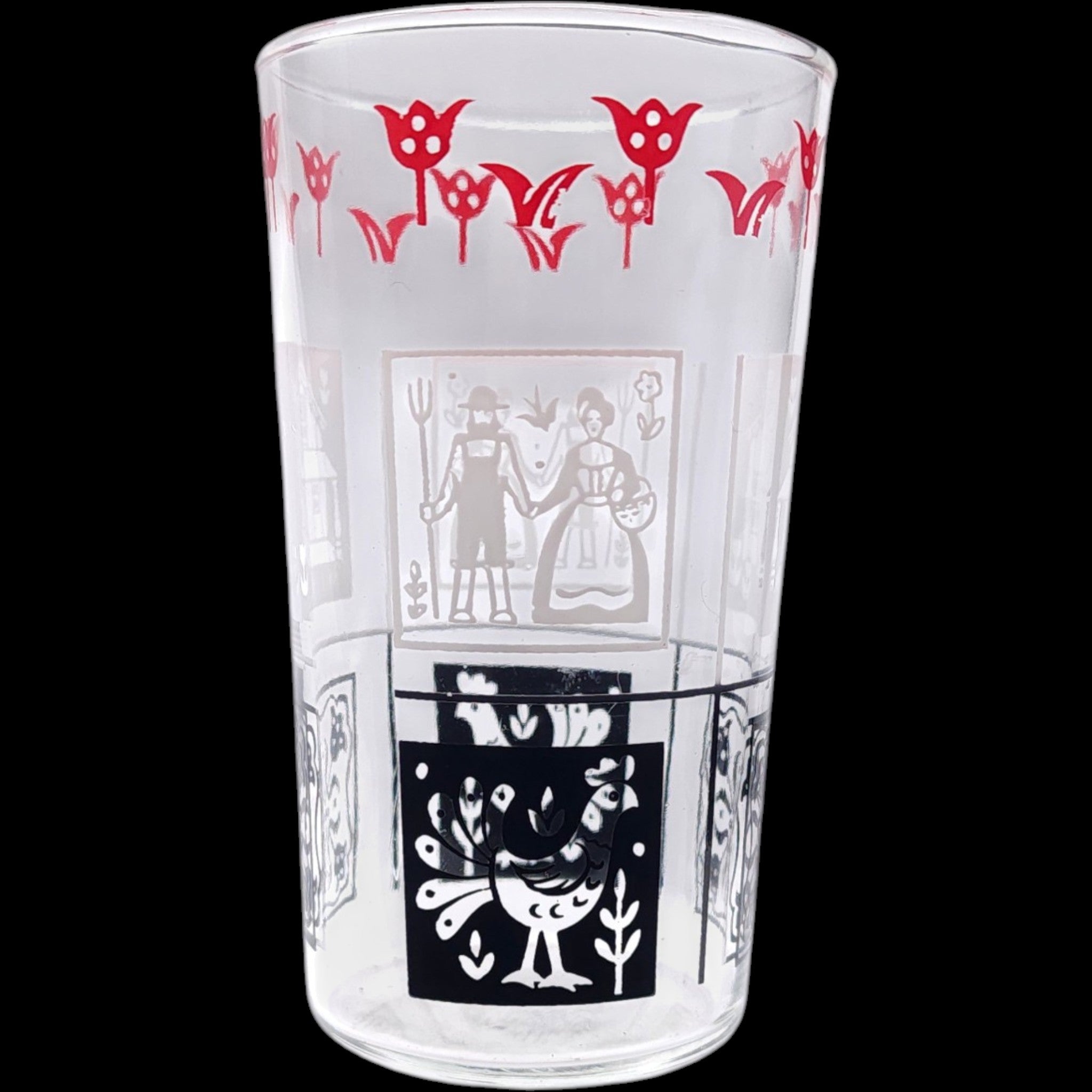 Vintage Mid-Century Pennsylvania Dutch Folk Art Tumbler Set of 8 with Wire Caddy
