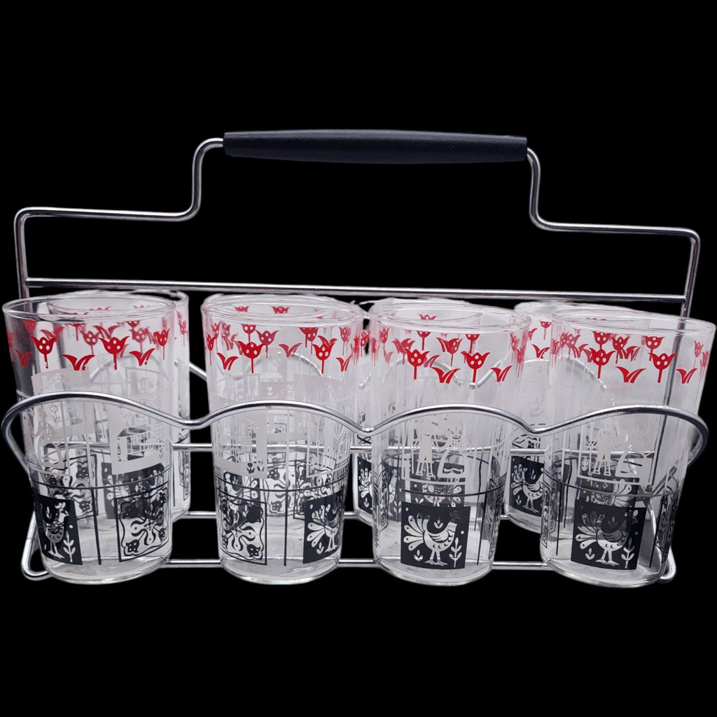 Vintage Mid-Century Pennsylvania Dutch Folk Art Tumbler Set of 8 with Wire Caddy