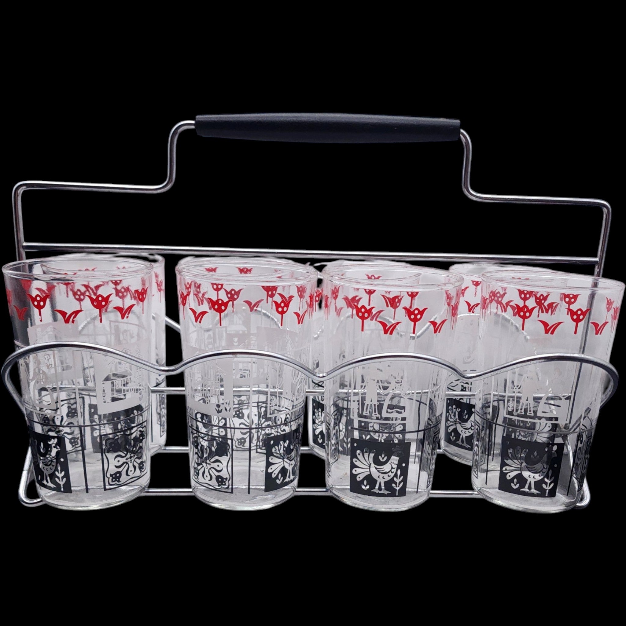 Vintage Mid-Century Pennsylvania Dutch Folk Art Tumbler Set of 8 with Wire Caddy