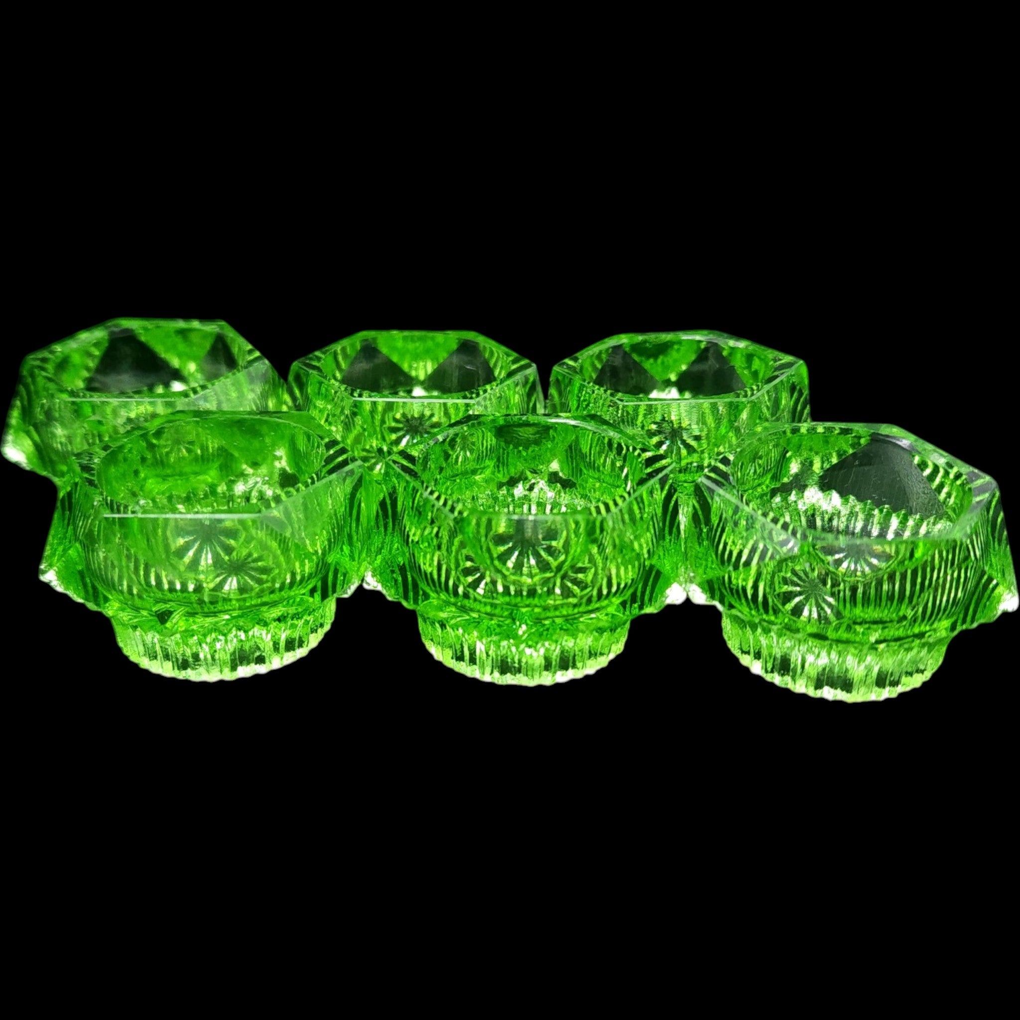 Vintage Green Glass Hexagonal Open Salt Cellar Dips Set of 6