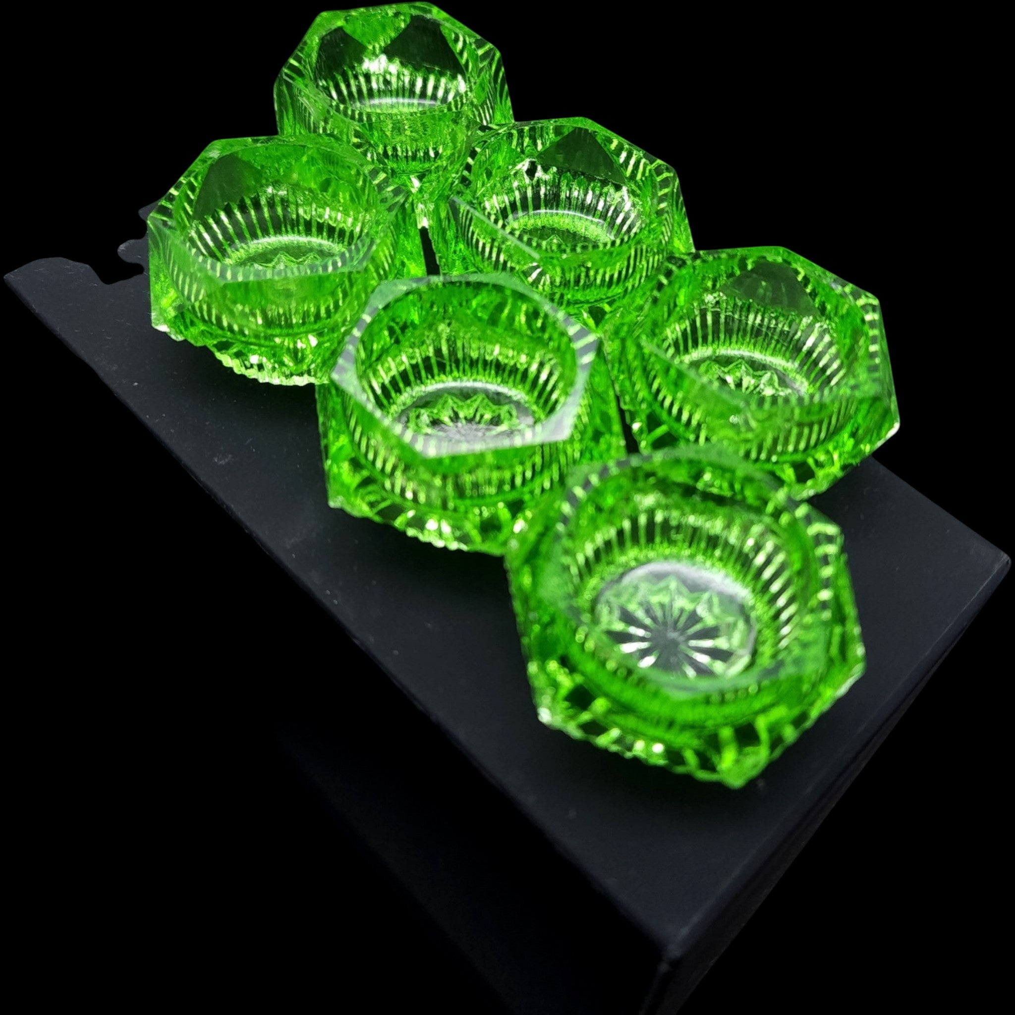 Vintage Green Glass Hexagonal Open Salt Cellar Dips Set of 6