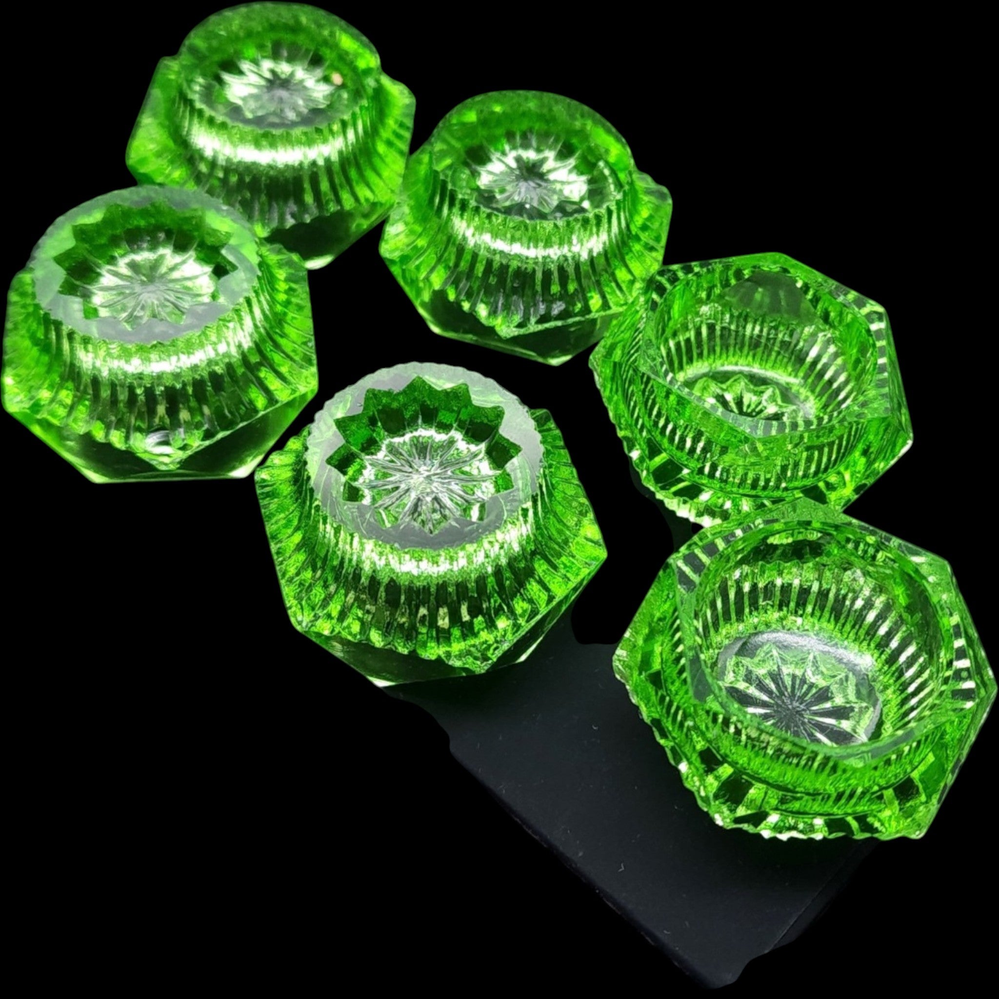 Vintage Green Glass Hexagonal Open Salt Cellar Dips Set of 6
