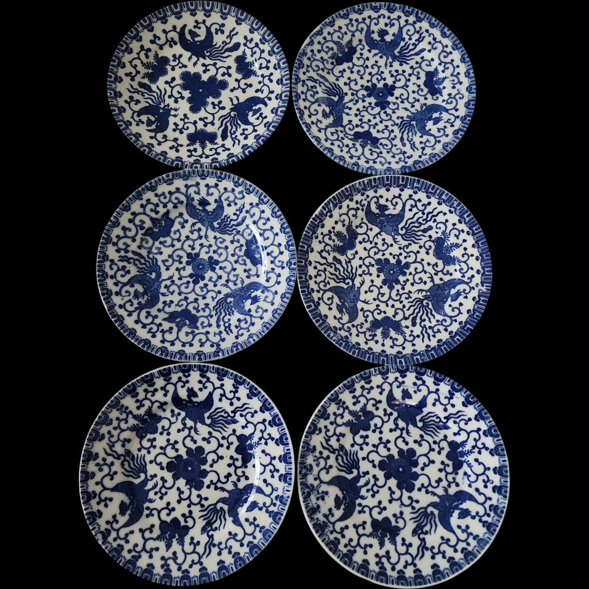 7" Vintage Blue & White Porcelain Phoenix Bird Plates Set of 6