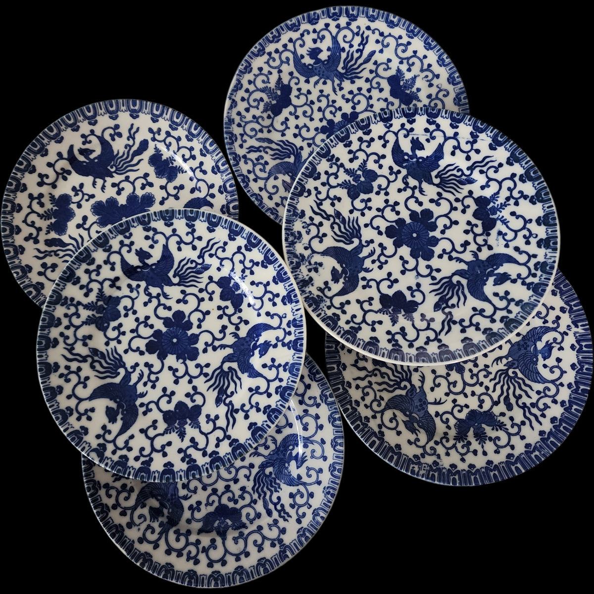 7" Vintage Blue & White Porcelain Phoenix Bird Plates Set of 6