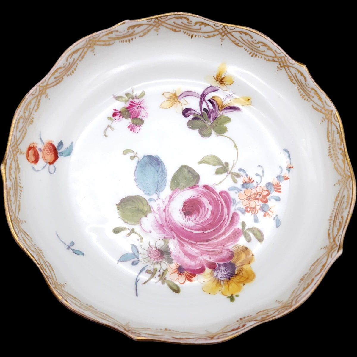 Antique Meissen Hand Painted Floral Porcelain Scalloped Bowl Gold Gilt Dish