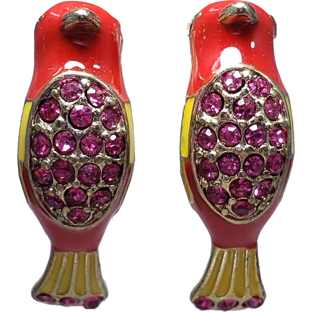 Vintage Rhinestones Enamel Bird Stud Earrings