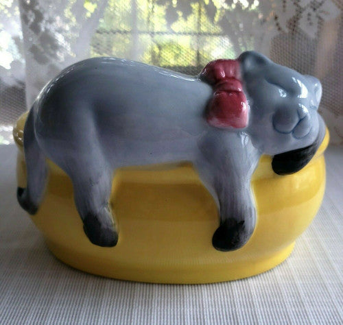 Vintage Sleeping Napping Kitty Cat Yellow Jardinière Planter