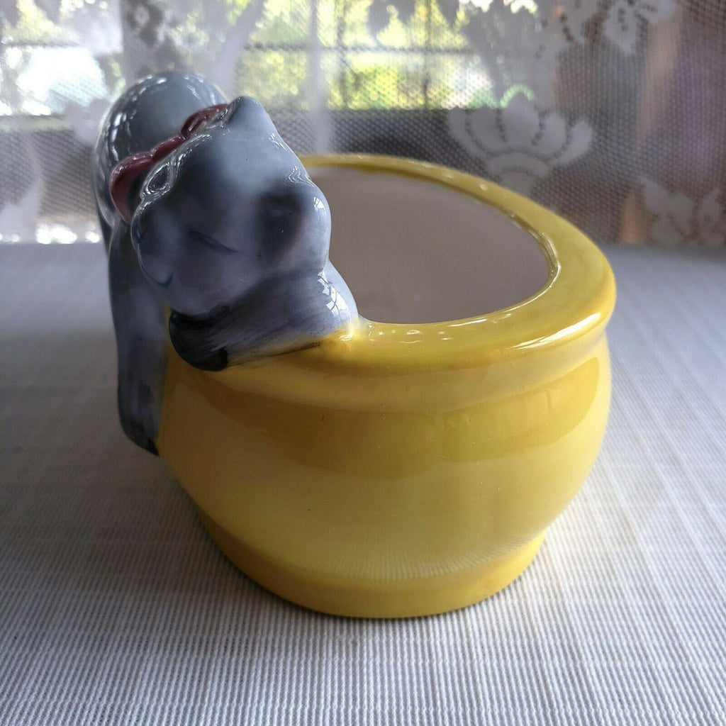 Vintage Sleeping Napping Kitty Cat Yellow Jardinière Planter